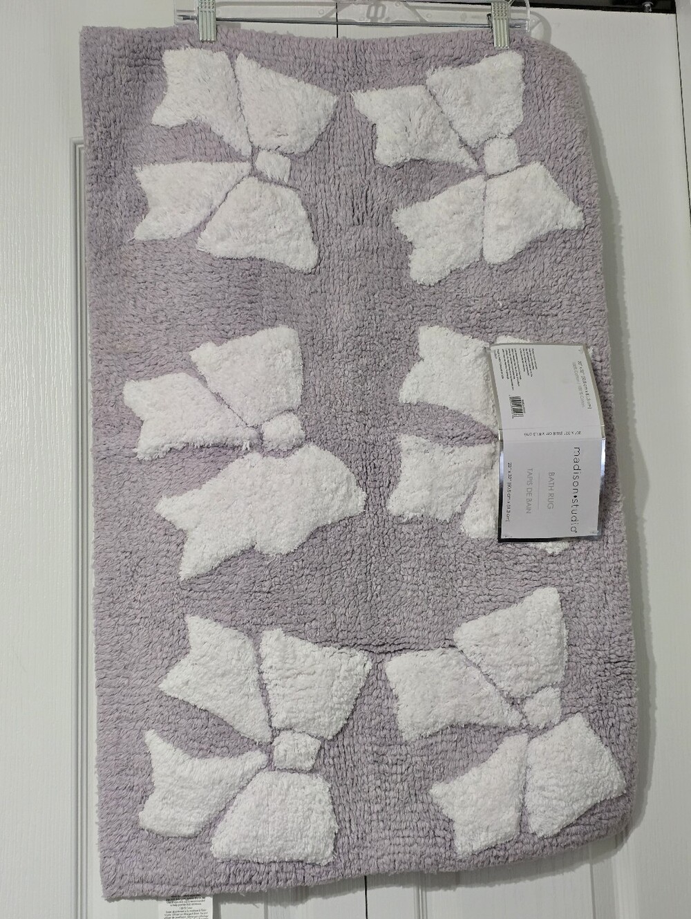 NWT Madison Studio Grey Lavender and White Bow Rug ~ 100% Cotton 20x32